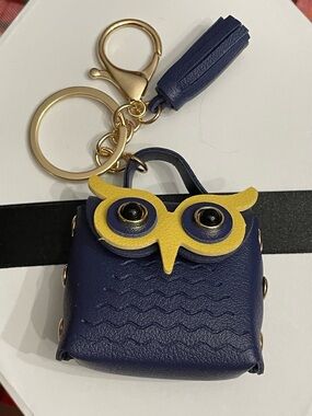 Cute Navy Owl Keychain Bag Charm with Yellow Accents nwot